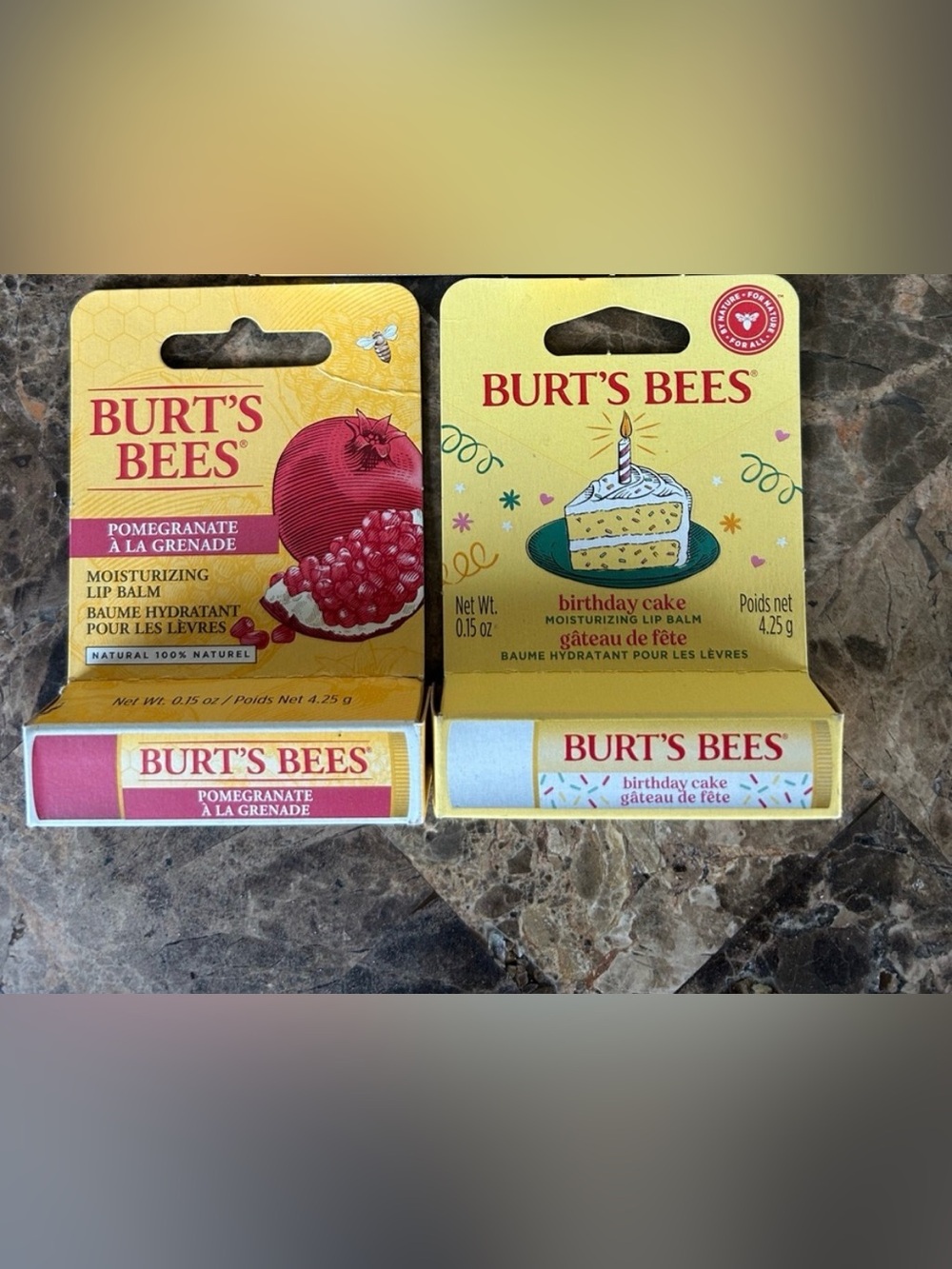 NWT 🆕 Burt's Bees TWO Moisturizing Lip Balms/ Pomegranate, Bday Cake